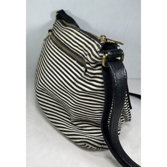 Fossil Kinley Black White Canvas Fabric Striped Brown Leather Crossbody Bag - Picture 5 of 16